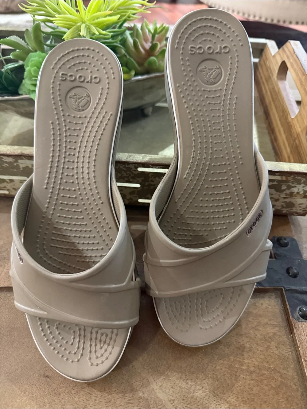 CROCS Women's Taupe Slide Sandals in Neutral Beige